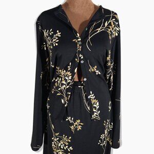 Maxi Skirt & Top Set – Women’s L Black Beige Leaf Print 2pc Vintage